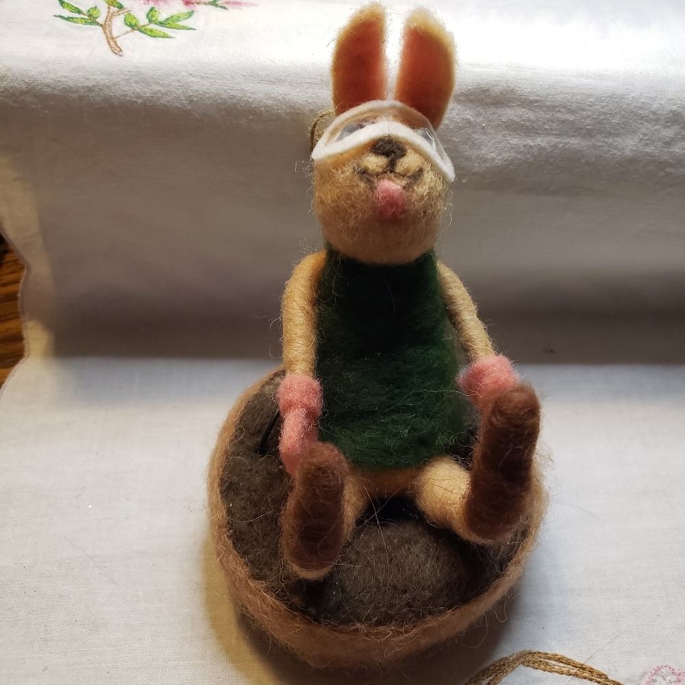 Vintage Needle Felt Bunny On A Sled With Handles